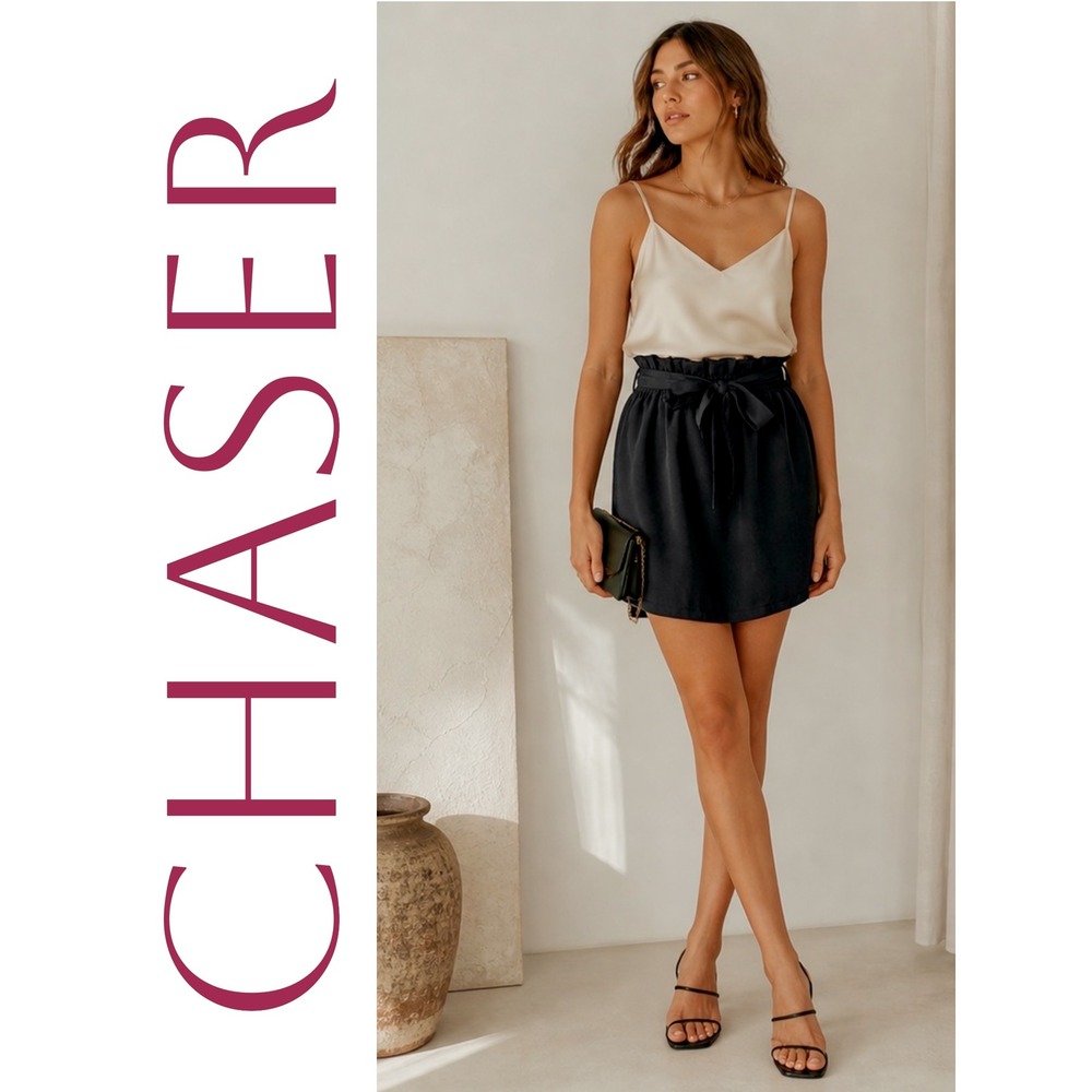 Chaser NWT 100% Silk Paperbag Waist Mini Skirt Black Tie Belt Quiet Luxe S